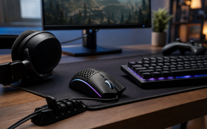 Mouse, teclado y audífonos para una estación de eSports
