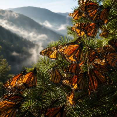Mariposas monarca descansan sobre ramas de oyamel en un bosque del centro de México