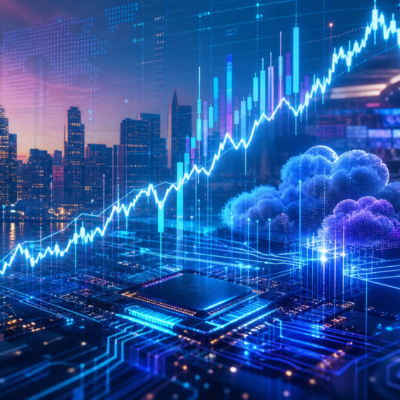 Ilustración editorial del cierre alcista del Nasdaq con tecnología, nube y semiconductores