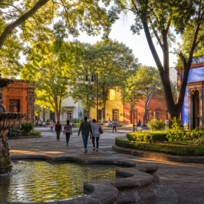 Plaza arbolada de Coyoacán con fuente y arquitectura histórica al amanecer