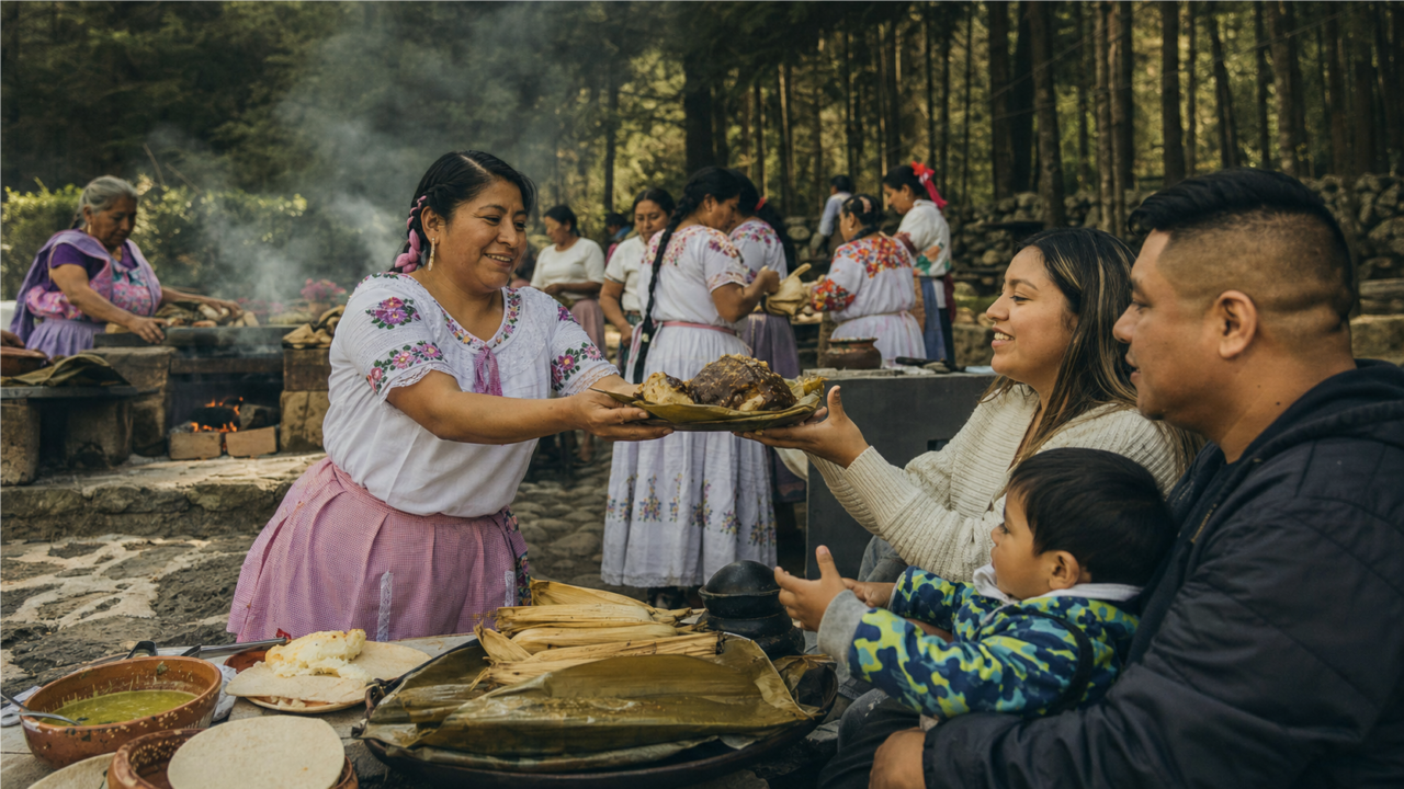 Cocinera tradicional mexiquense entrega un platillo a una familia durante una muestra gastronómica al aire libre en La Marquesa.