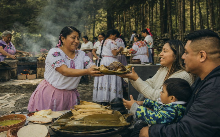 Cocinera tradicional mexiquense entrega un platillo a una familia durante una muestra gastronómica al aire libre en La Marquesa.