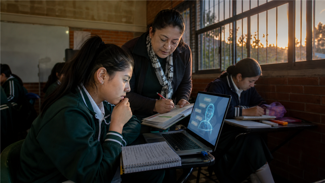 Estudiante y maestra revisan un ejercicio junto a una computadora con un tutor de inteligencia artificial en un aula mexicana.