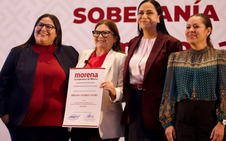 Imelda Castro muestra su nombramiento como coordinadora estatal de Morena junto a dirigentes nacionales