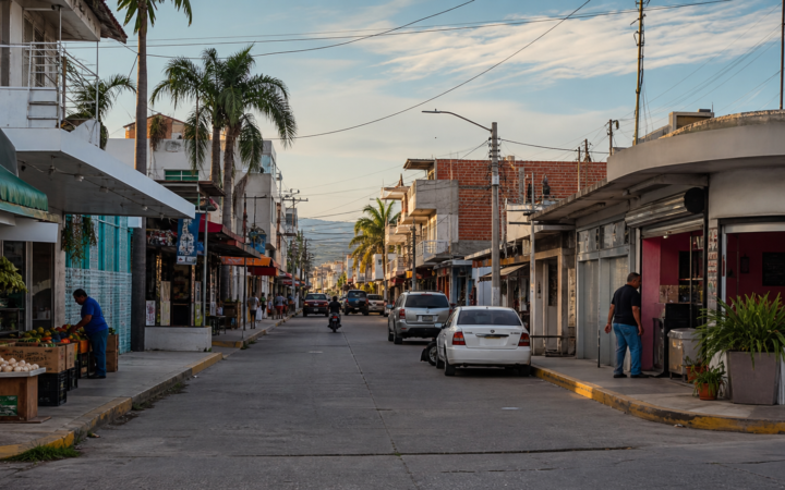 Calle comercial de Sinaloa con negocios abiertos y tránsito moderado, en una escena de economía local bajo vigilancia.