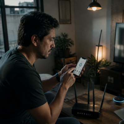 Usuario revisa permisos de red en un teléfono Android frente a un router doméstico y varios dispositivos conectados en una casa mexicana.