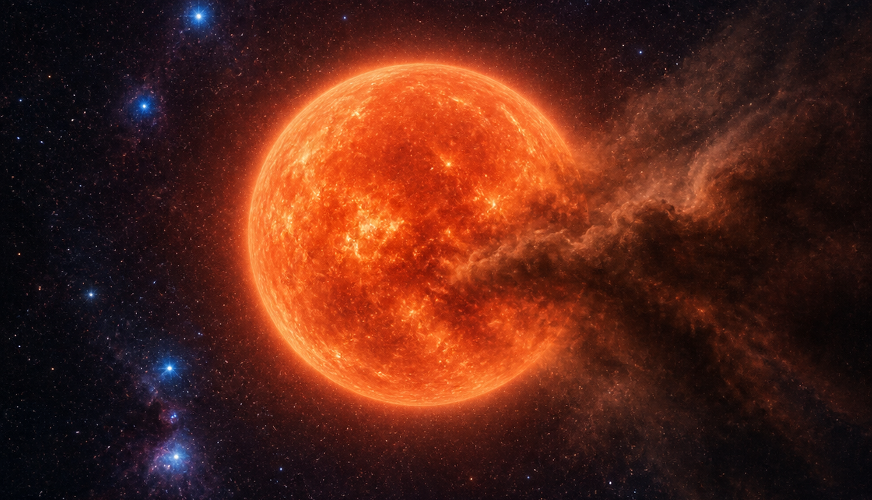 Ilustración editorial de Betelgeuse como una supergigante roja rodeada por una nube de polvo en el espacio.