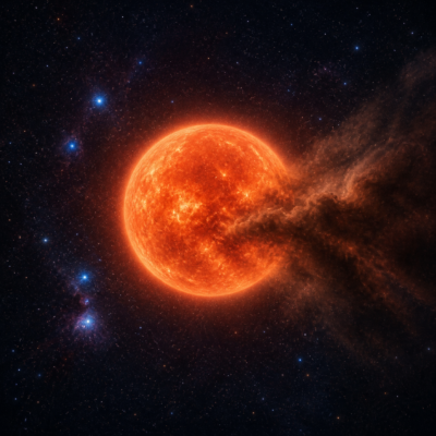 Ilustración editorial de Betelgeuse como una supergigante roja rodeada por una nube de polvo en el espacio.