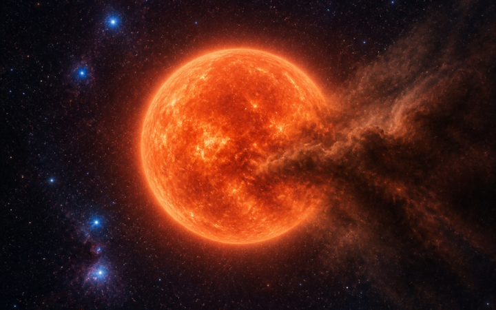 Ilustración editorial de Betelgeuse como una supergigante roja rodeada por una nube de polvo en el espacio.