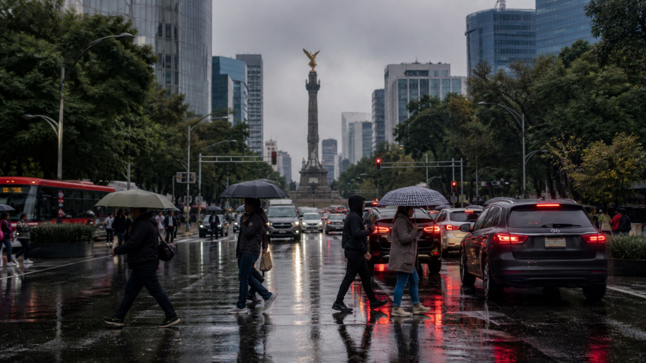 Avenida de la Ciudad de México con tráfico lento y cielo nublado durante una tarde de lluvia.