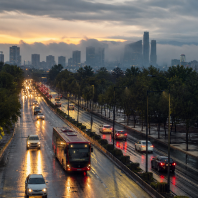 Avenida de Ciudad de México con tráfico matutino y pavimento mojado bajo cielo nublado