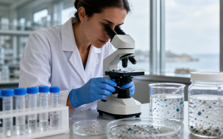 Científica observa partículas en una muestra de agua dentro de un laboratorio, con material de análisis sobre la mesa.