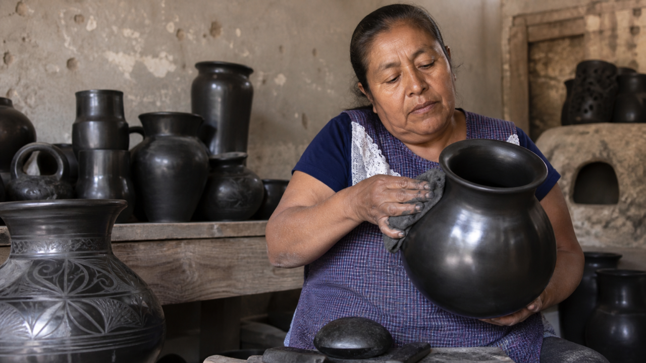 Artesana pule una vasija de barro negro en un taller de San Bartolo Coyotepec, Oaxaca.