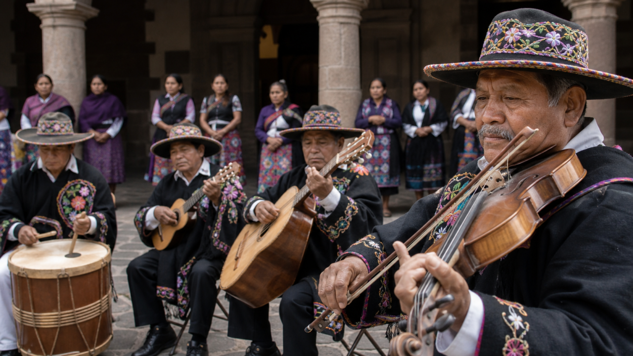 Músicos p’urhépechas interpretan pirekua con instrumentos de cuerda en una plaza comunitaria.