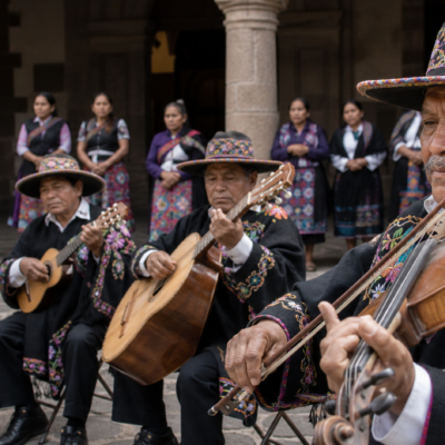 Músicos p’urhépechas interpretan pirekua con instrumentos de cuerda en una plaza comunitaria.