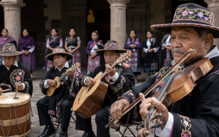 Músicos p’urhépechas interpretan pirekua con instrumentos de cuerda en una plaza comunitaria.