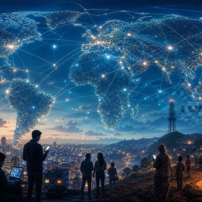 Red digital global que representa conexión, privacidad y brecha de acceso