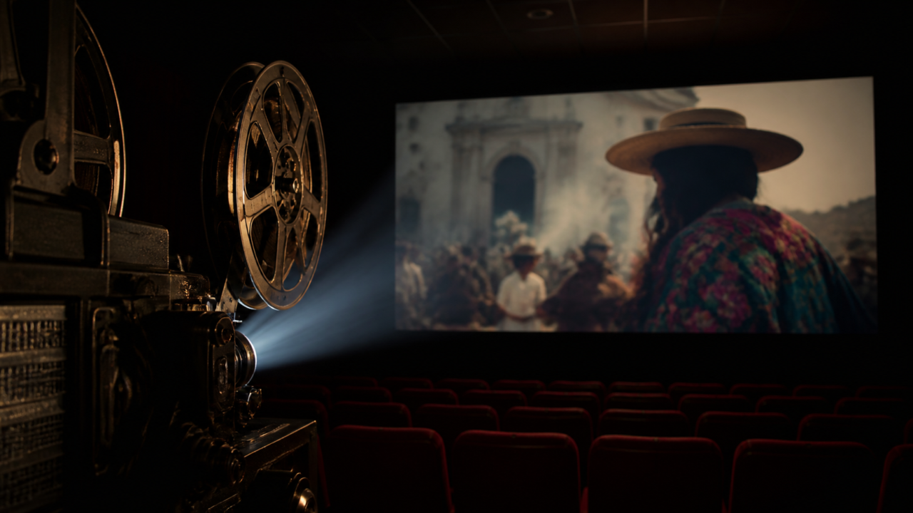 Proyector ilumina una sala de cine mientras una pantalla muestra una película mexicana.