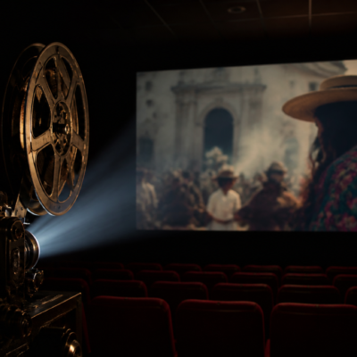 Proyector ilumina una sala de cine mientras una pantalla muestra una película mexicana.