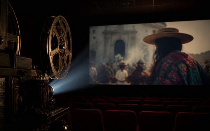 Proyector ilumina una sala de cine mientras una pantalla muestra una película mexicana.