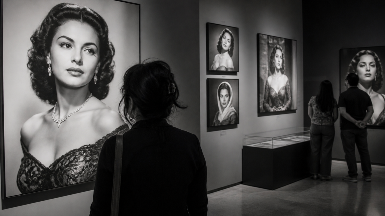 Retrato de Elsa Aguirre en una exposición fotográfica sobre su trayectoria dentro del cine mexicano.