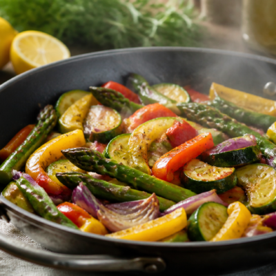 Verduras coloridas cocinadas suavemente en un sartén con hierbas y limón