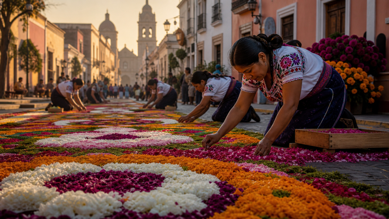 Artesanas elaboran tapetes monumentales de flores durante la Feria de la Dalia en Huamantla