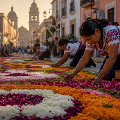 Artesanas elaboran tapetes monumentales de flores durante la Feria de la Dalia en Huamantla