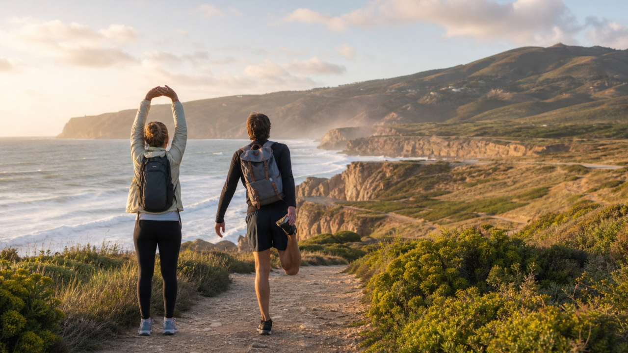 Viajeros realizan estiramientos durante una caminata costera