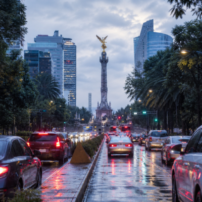 Avenida de la Ciudad de México con tráfico matutino, pavimento mojado y cielo nublado tras la lluvia.