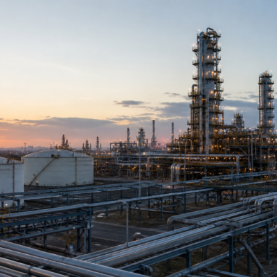Complejo de refinación con tanques y tuberías industriales para ilustrar el desempeño operativo de PEMEX