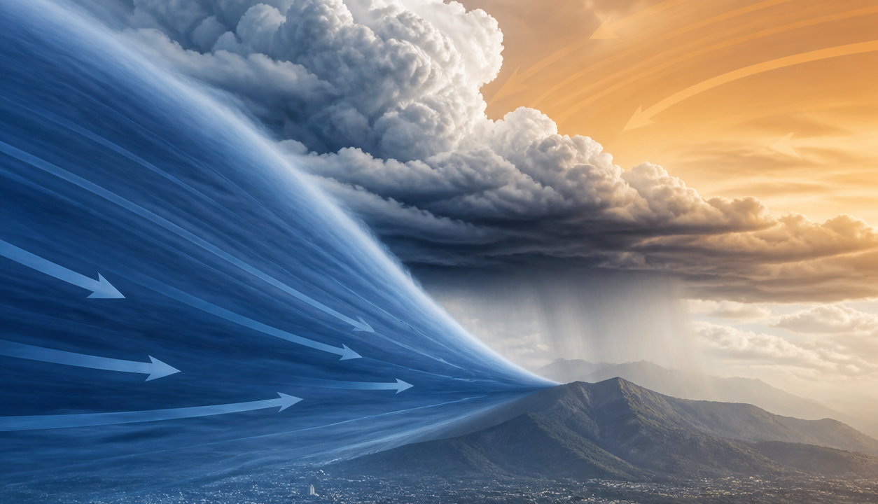 Ilustración editorial de una masa de aire frío avanzando debajo de una masa de aire cálido y formando nubes de tormenta.