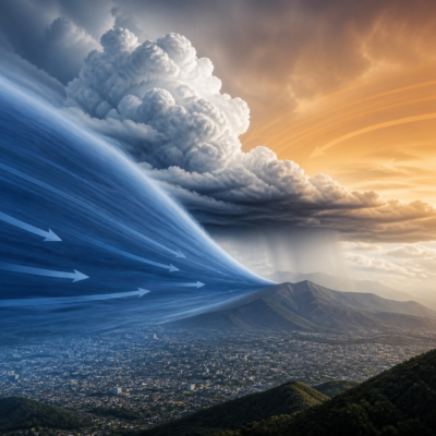 Ilustración editorial de una masa de aire frío avanzando debajo de una masa de aire cálido y formando nubes de tormenta.