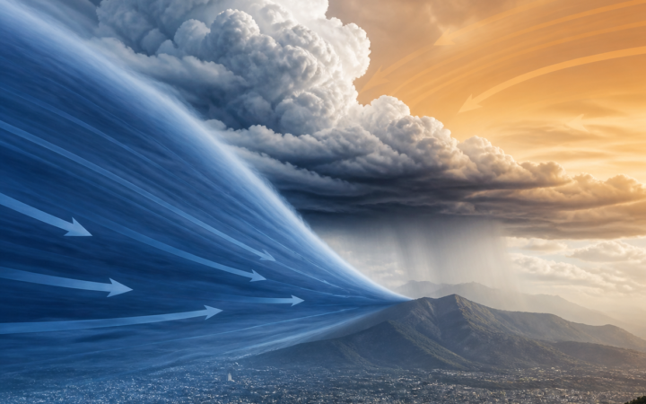 Ilustración editorial de una masa de aire frío avanzando debajo de una masa de aire cálido y formando nubes de tormenta.