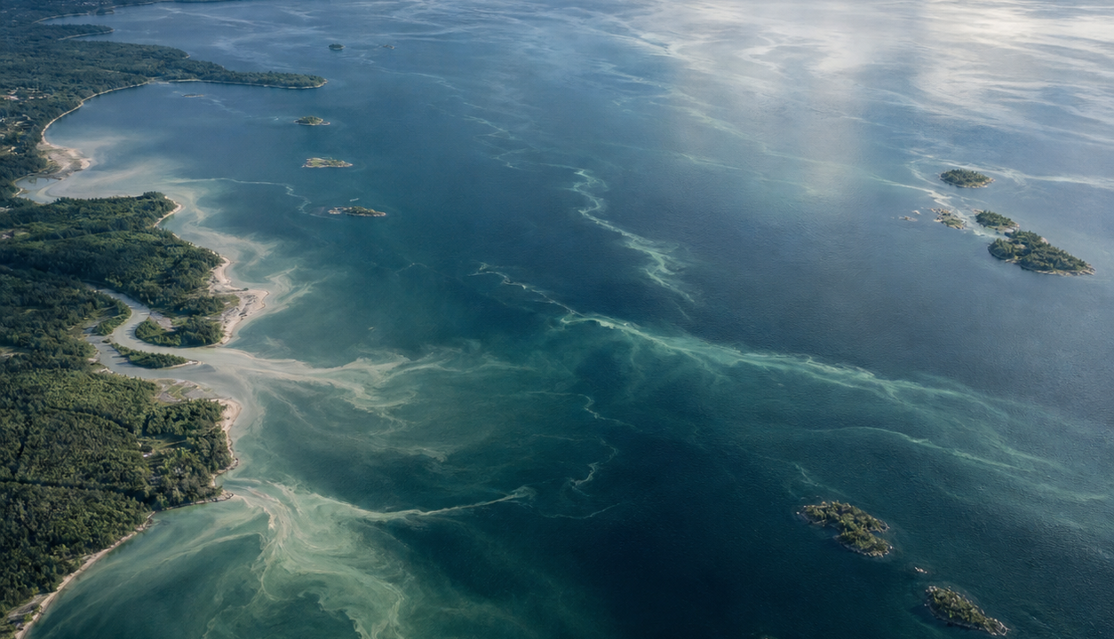 Ilustración editorial del mar Báltico visto desde arriba, con ríos de agua dulce mezclándose con el mar y un mapa sutil de Europa.