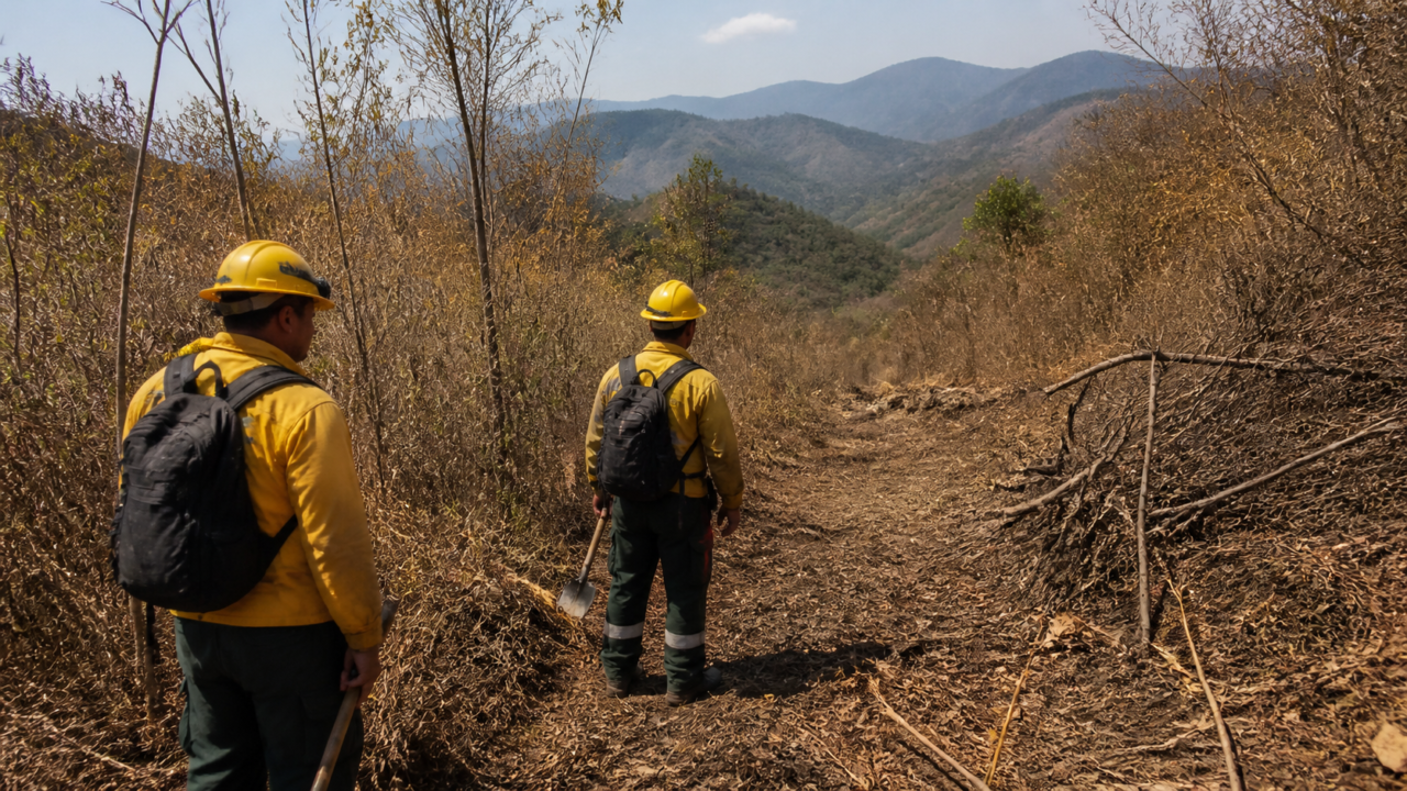 Brigadistas capacitados revisan una zona forestal con herramientas de prevención y equipo de protección personal.