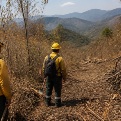 Brigadistas capacitados revisan una zona forestal con herramientas de prevención y equipo de protección personal.
