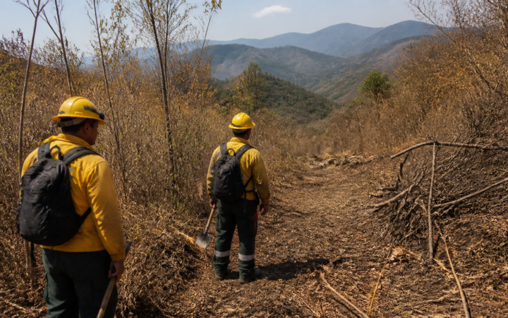 Brigadistas capacitados revisan una zona forestal con herramientas de prevención y equipo de protección personal.