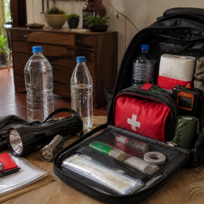 Mochila de emergencia abierta con lámpara, agua, radio, botiquín y documentos protegidos.