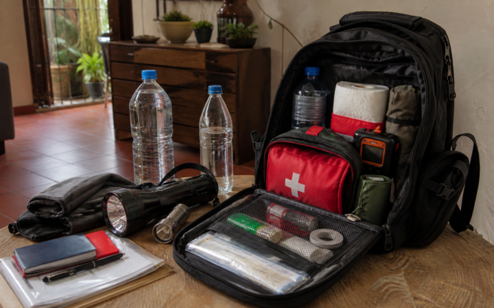 Mochila de emergencia abierta con lámpara, agua, radio, botiquín y documentos protegidos.