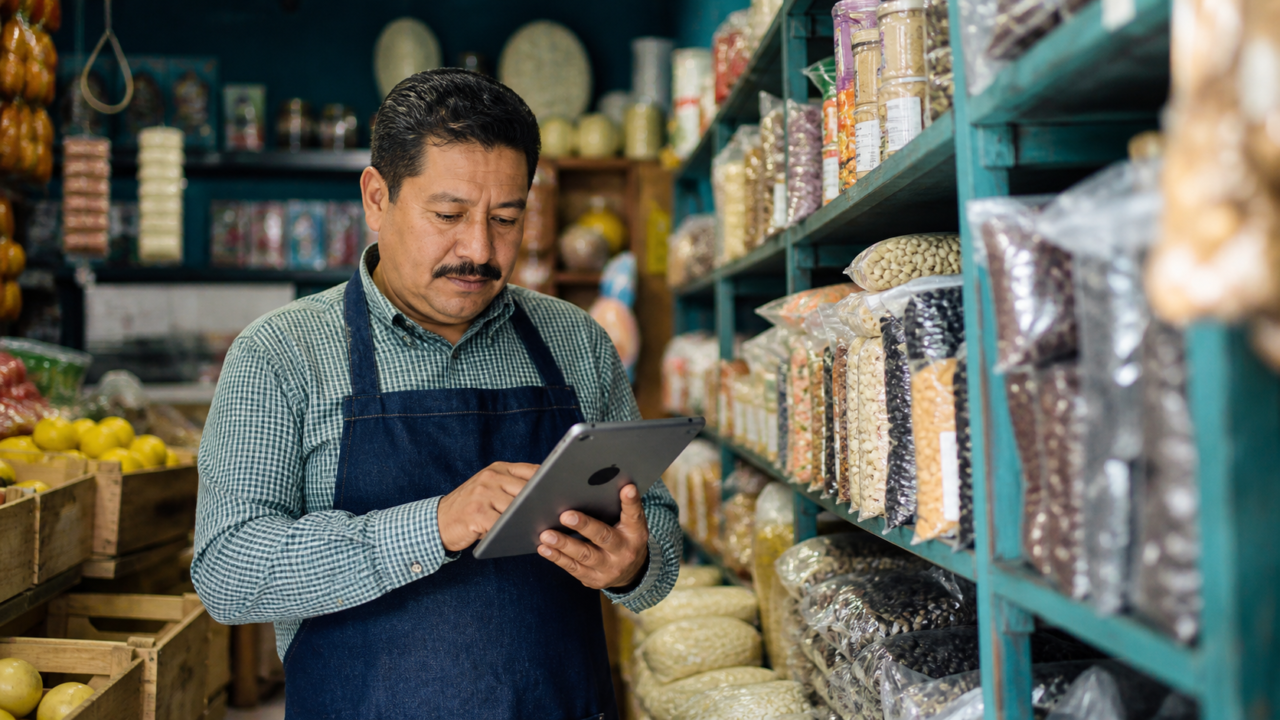 Pequeña tienda con anaqueles etiquetados y una persona registrando existencias en una tableta.