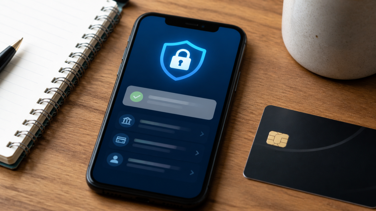 Aplicación bancaria muestra una alerta de compra y controles de seguridad en un teléfono.