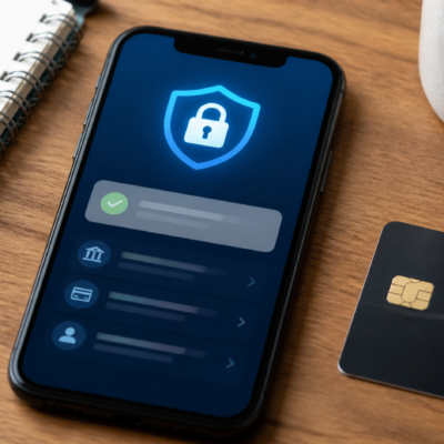 Aplicación bancaria muestra una alerta de compra y controles de seguridad en un teléfono.