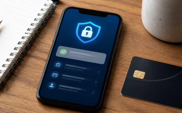 Aplicación bancaria muestra una alerta de compra y controles de seguridad en un teléfono.