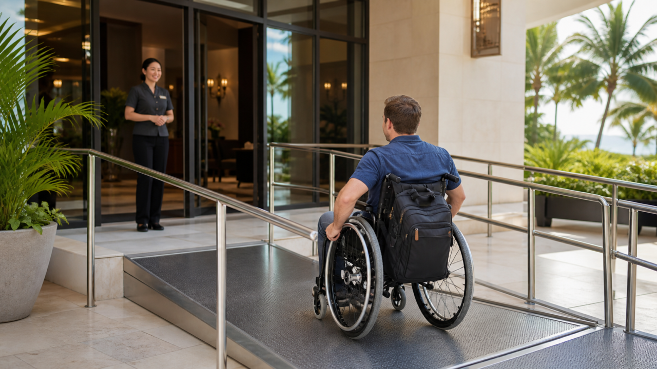 Viajera consulta una lista de accesibilidad junto a una rampa de acceso en un hotel.