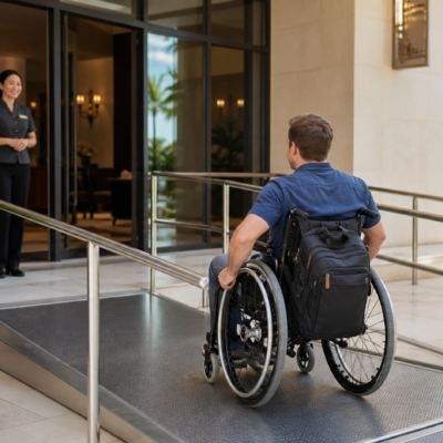 Viajera consulta una lista de accesibilidad junto a una rampa de acceso en un hotel.