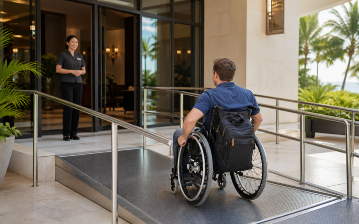 Viajera consulta una lista de accesibilidad junto a una rampa de acceso en un hotel.