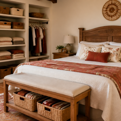 Recámara ordenada con textiles coordinados, cajas etiquetadas y superficies despejadas.