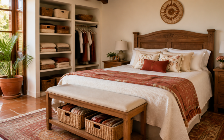 Recámara ordenada con textiles coordinados, cajas etiquetadas y superficies despejadas.