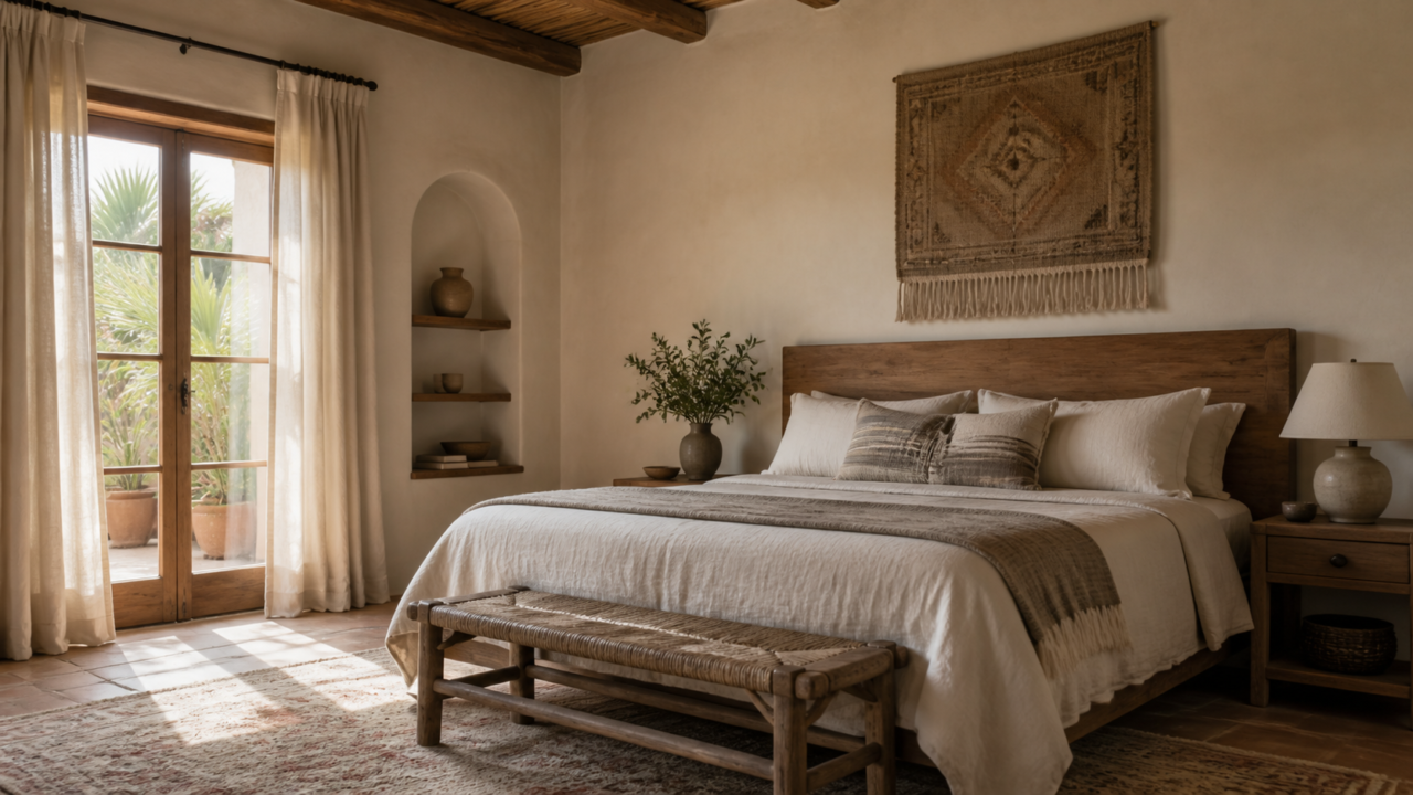 Habitación ordenada con ropa de cama neutra, cortinas ligeras y un tapete que delimita la zona de descanso.
